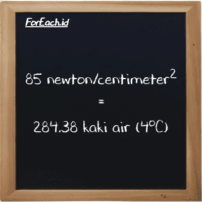 Cara konversi newton/centimeter<sup>2</sup> ke kaki air (4<sup>o</sup>C) (N/cm<sup>2</sup> ke ftH2O): 85 newton/centimeter<sup>2</sup> (N/cm<sup>2</sup>) setara dengan 85 dikalikan dengan 3.3456 kaki air (4<sup>o</sup>C) (ftH2O)